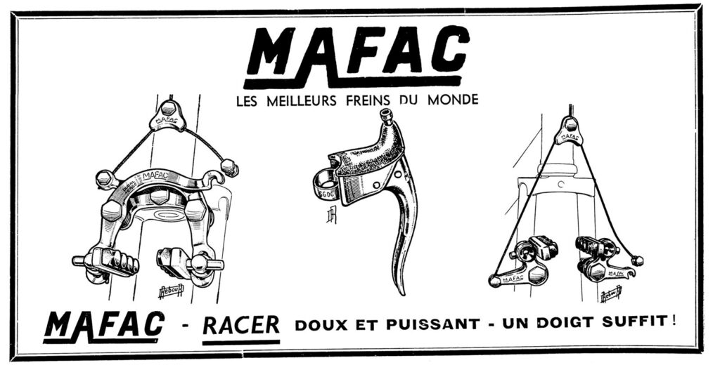 Un étrier de frein mafac, une poignée avec une cocotte mafac et son repose-main, un cantilever mafac. Assurément les meilleurs freins du monde.